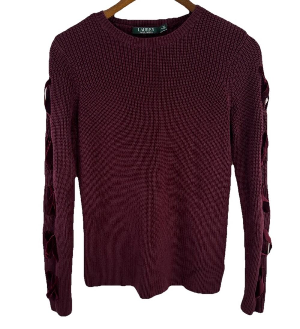 Lauren Ralph Lauren Women’s M Velvet Lace Up Sleeve Sweater Chunky Knit Y2K